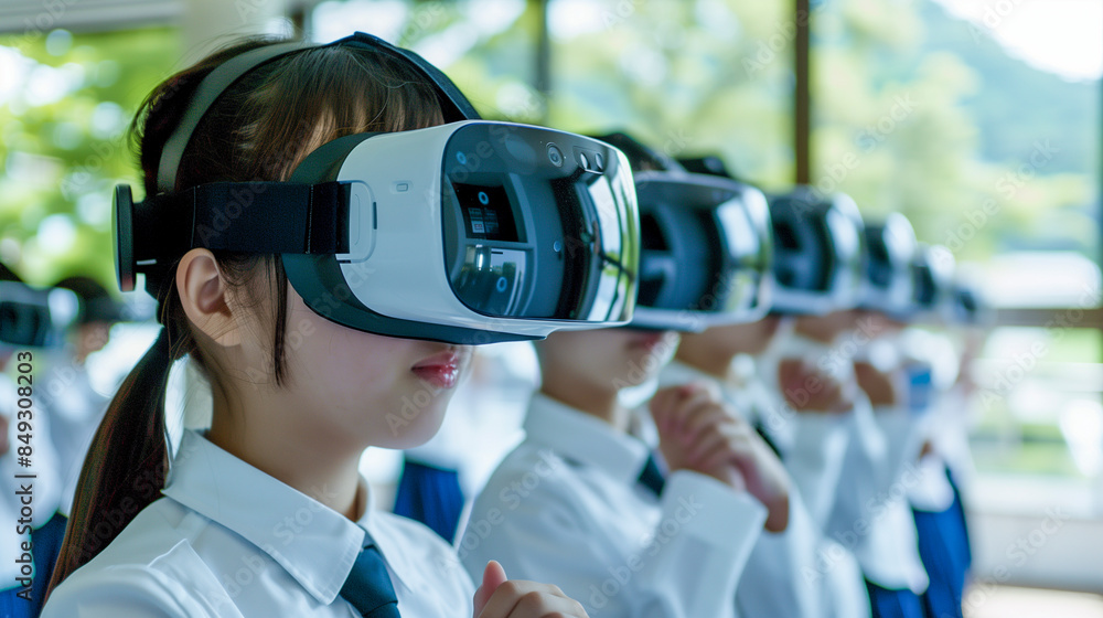 Elementary School children using VR headsets for learning in education ...