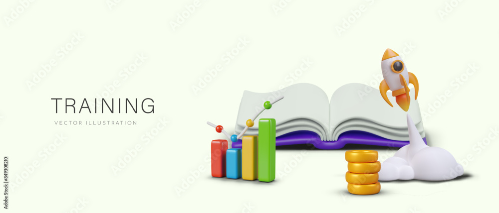 Training concept in cartoon style. Commercial horizontal banner with 3D illustration Training concept in cartoon style. Commercial horizontal banner with 3D illustration