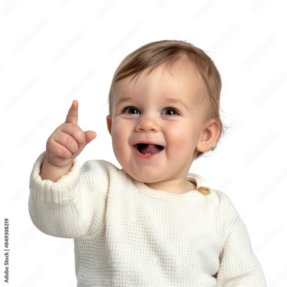 Lovey baby pointing to choose and press white background
