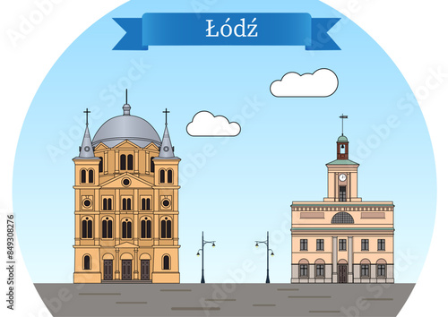 Lodz, Poland. View of famous landmarks located on Plac Wolnosci (Liberty square) 