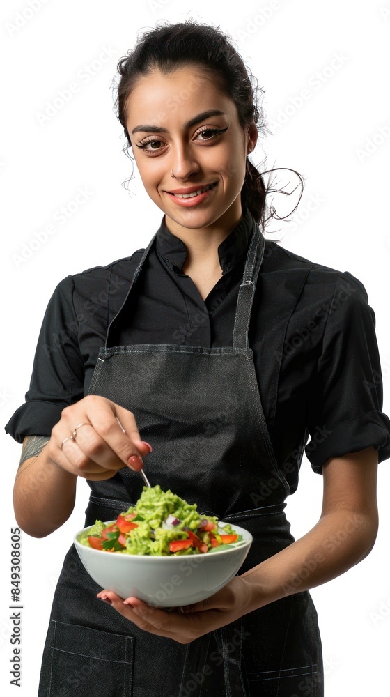 Full body photo of female restaurant employee serving tacos Full body photo of female restaurant employee serving tacos