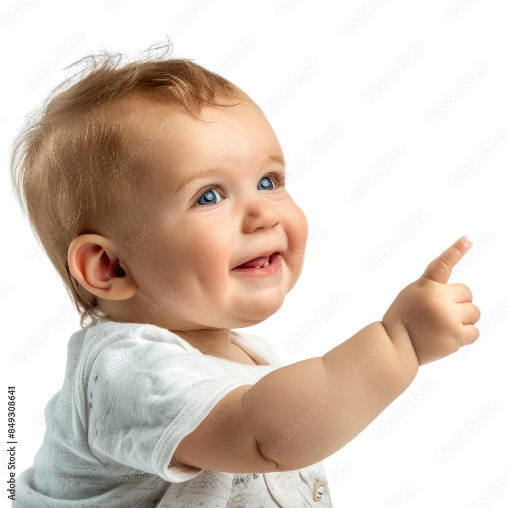 Lovey baby pointing to choose and press white background Lovey baby pointing to choose and press white background