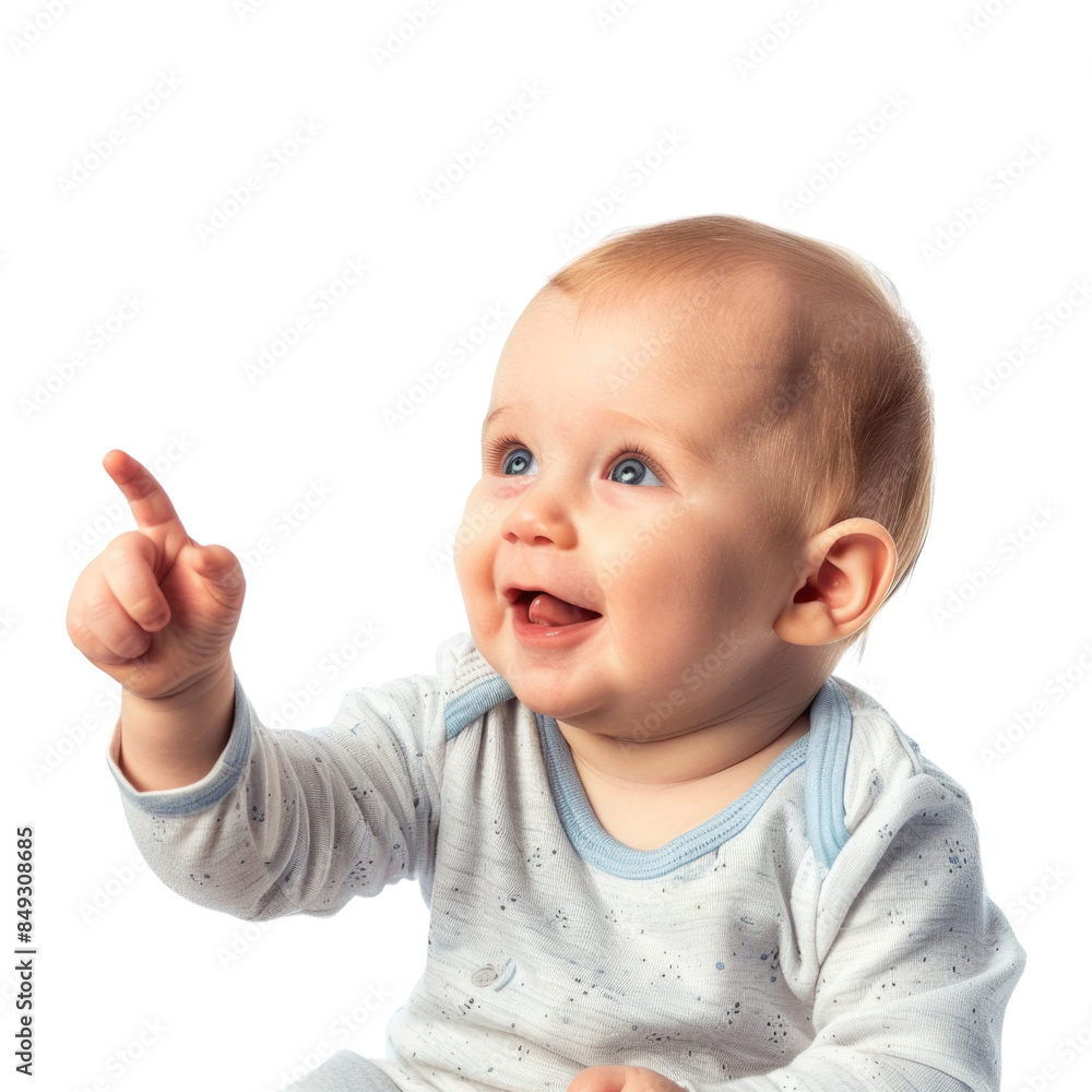 Lovey baby pointing to choose and press white background Lovey baby pointing to choose and press white background