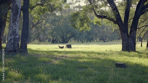 A tranquil forest scene with a playful dog at dusk.