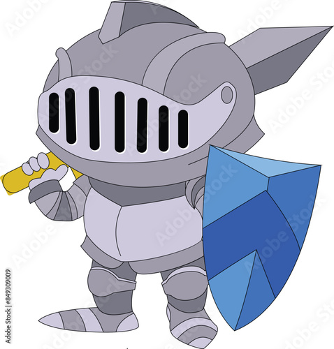 Cartoon illustration of a cute knight character holding a sword and shield