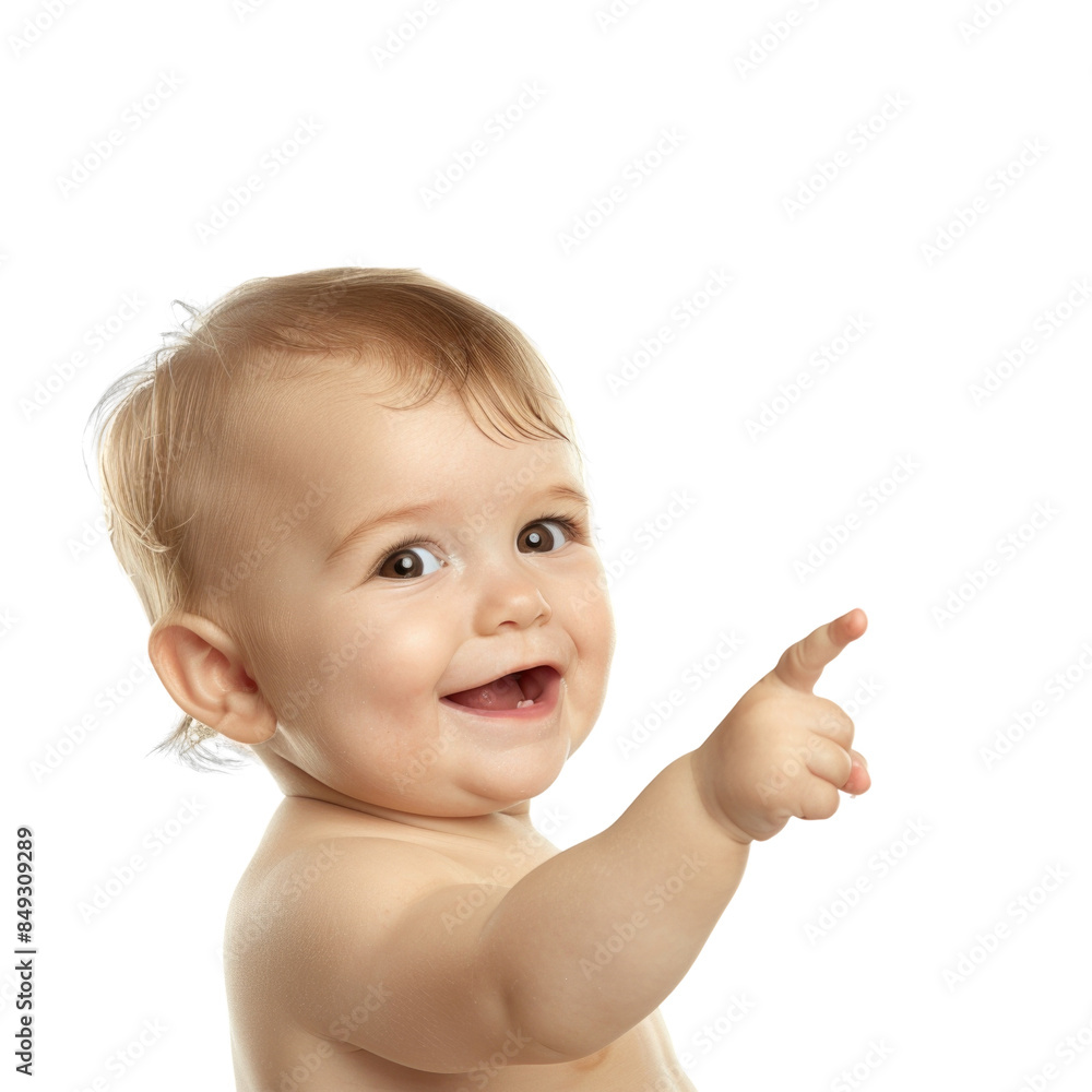 Lovey baby pointing to choose and press white background Lovey baby pointing to choose and press white background