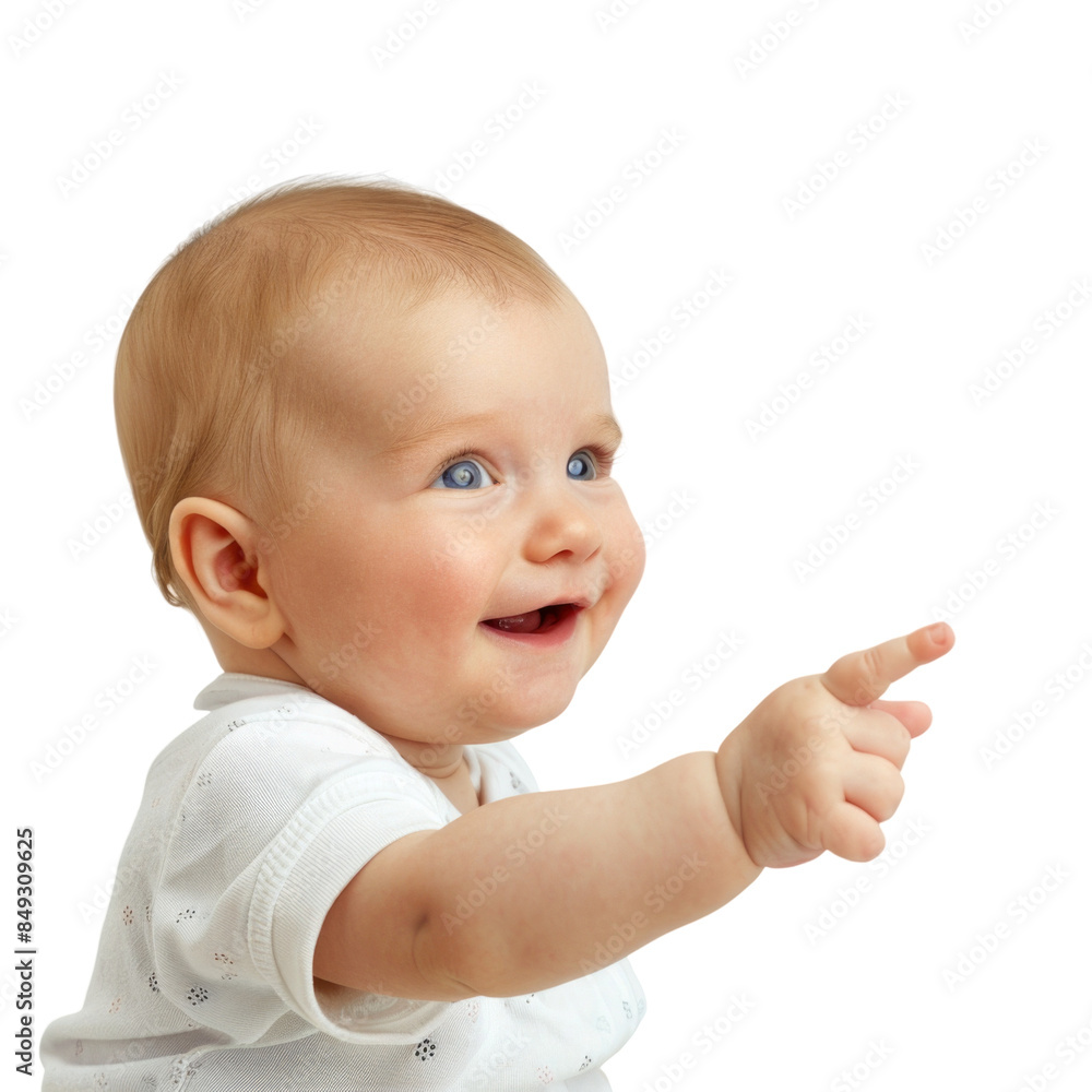 Lovey baby pointing to choose and press white background Lovey baby pointing to choose and press white background