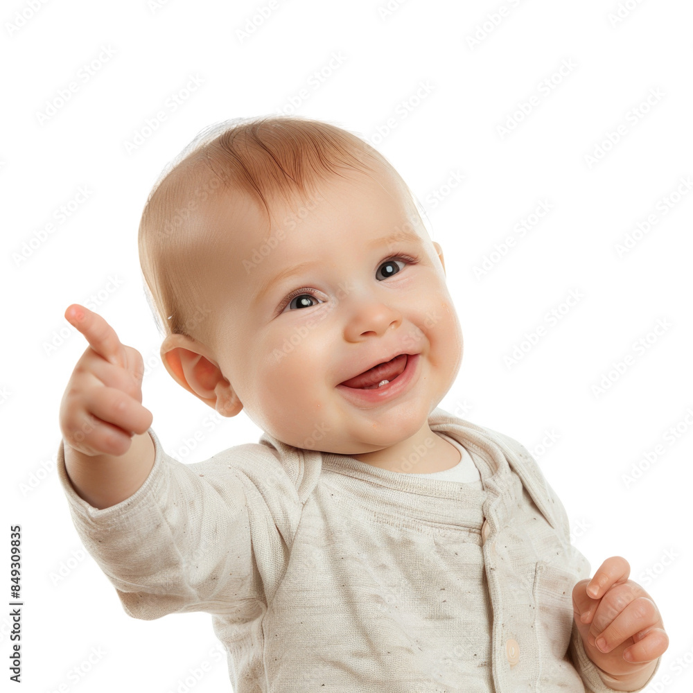 Lovey baby pointing to choose and press white background Lovey baby pointing to choose and press white background