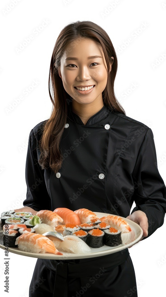 Full body photo of female restaurant employee serving sushi Full body photo of female restaurant employee serving sushi
