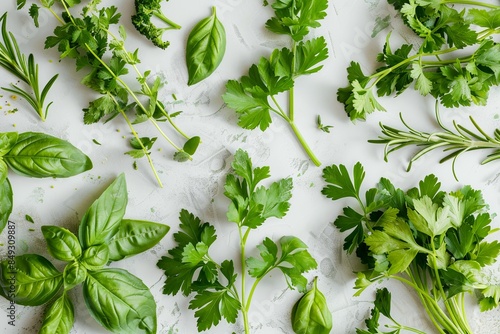 Flat Lay of Fresh Parsley with Other Herbs