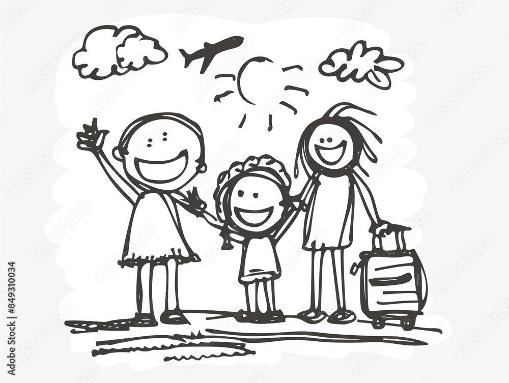 Illustration of a family on vacation. They look happy. Children hand drawn with cartoon style. Illustration of a family on vacation. They look happy. Children hand drawn with cartoon style.