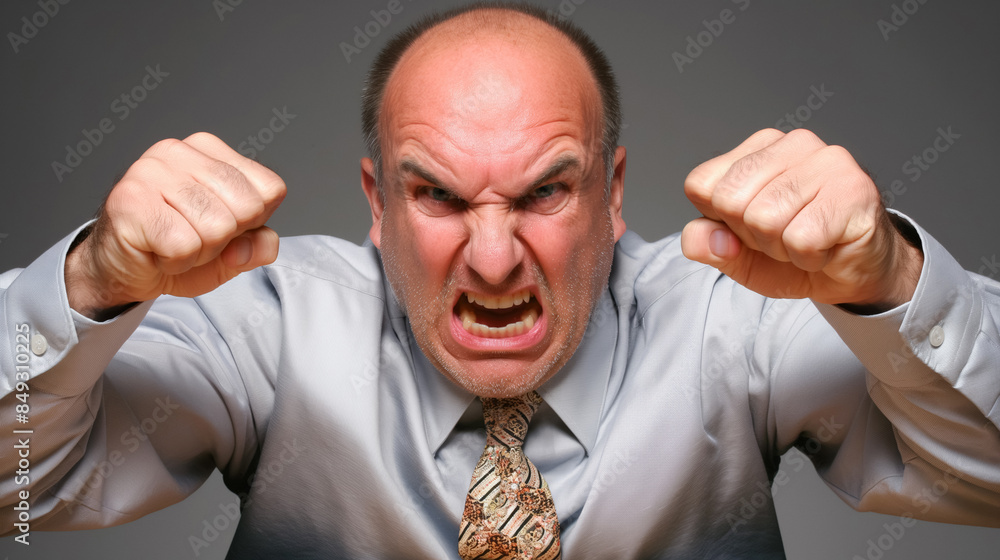 Angry bald man in a suit and tie, raising his fists and glaring aggressively at the camera. Angry bald man in a suit and tie, raising his fists and glaring aggressively at the camera.