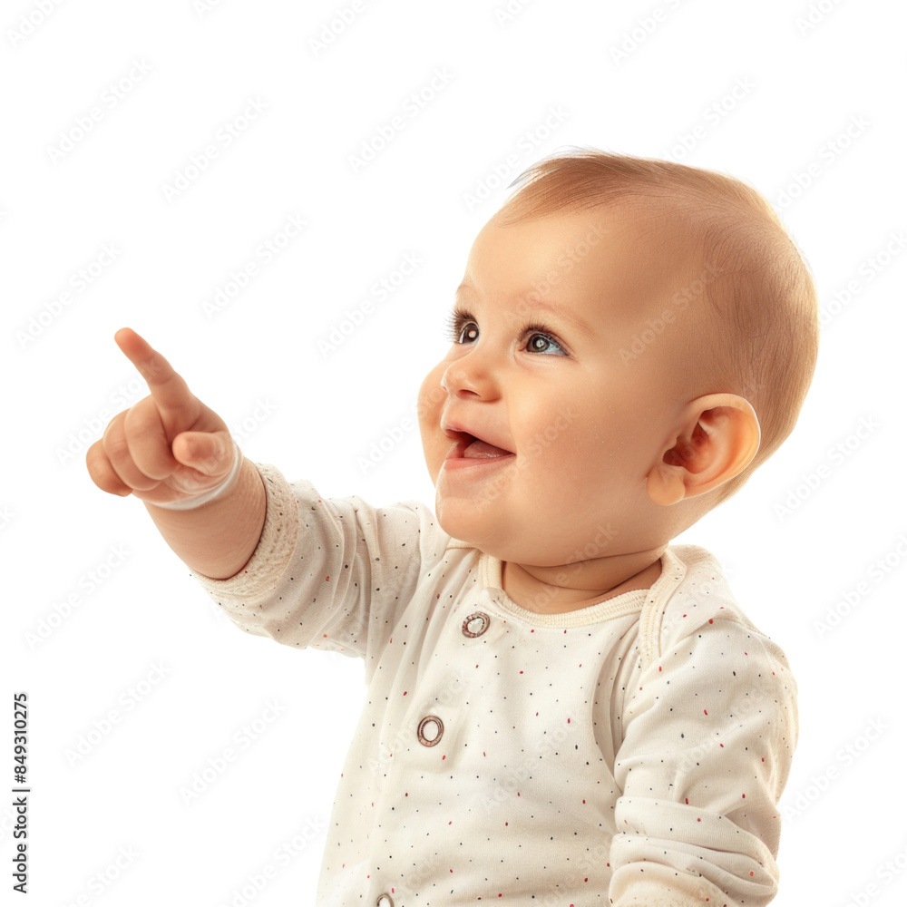 Lovey baby pointing to choose and press white background Lovey baby pointing to choose and press white background