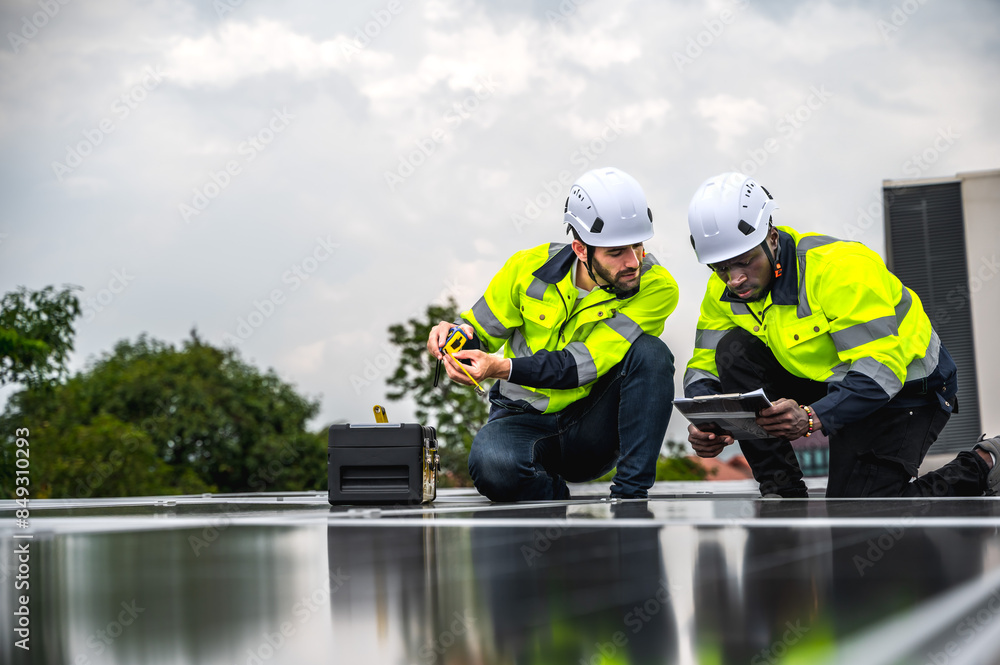 Fototapeta premium Two professional solar engineer men working with solar panels together on roof