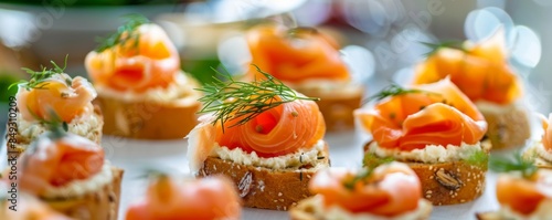 Front view of canapes topped with cheese and salmon on bread, banner. Generative AI.