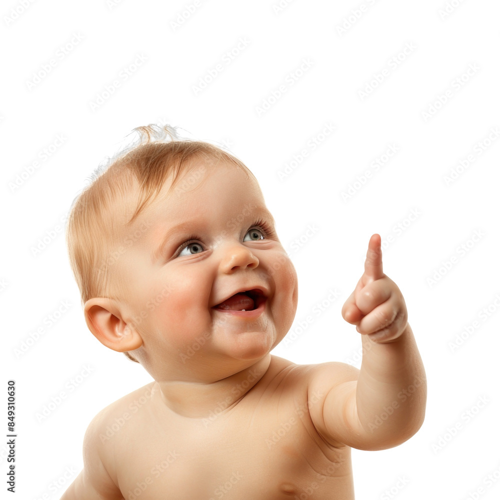Lovey baby pointing to choose and press white background Lovey baby pointing to choose and press white background
