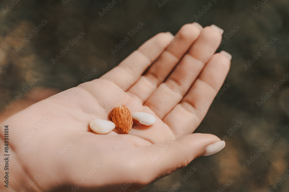 A person is holding a handful of nuts in their hand. The nuts are of different sizes and shapes, and they appear to be almonds. The person seems to be enjoying the nuts and is likely to eat them soon. A person is holding a handful of nuts in their hand. The nuts are of different sizes and shapes, and they appear to be almonds. The person seems to be enjoying the nuts and is likely to eat them soon.