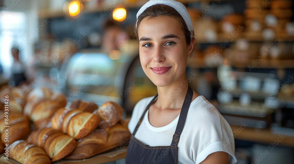 Smiling Woman in a Bakery Holding Fresh Bread. Friendly Bakery Worker at Bread Display Smiling Woman in a Bakery Holding Fresh Bread. Friendly Bakery Worker at Bread Display