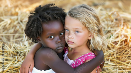 Two little girls of different races sharing a tender hug outdoors