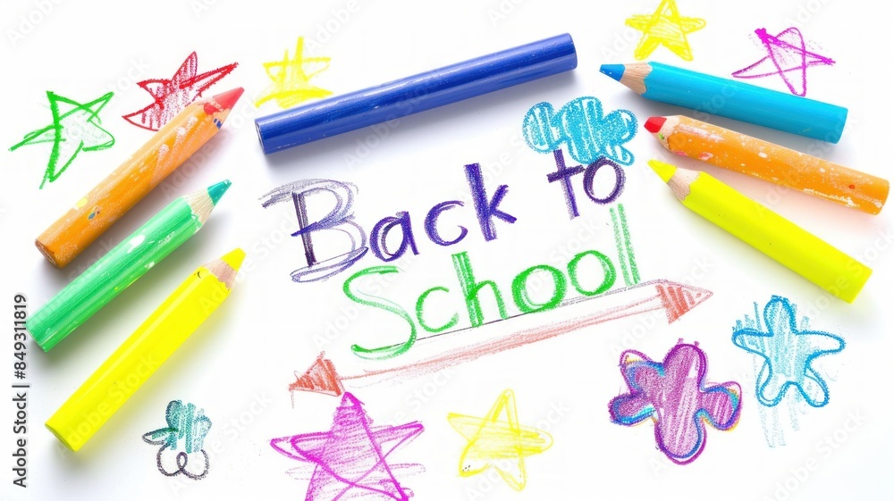 Children's drawing with colored chalk on white , text 