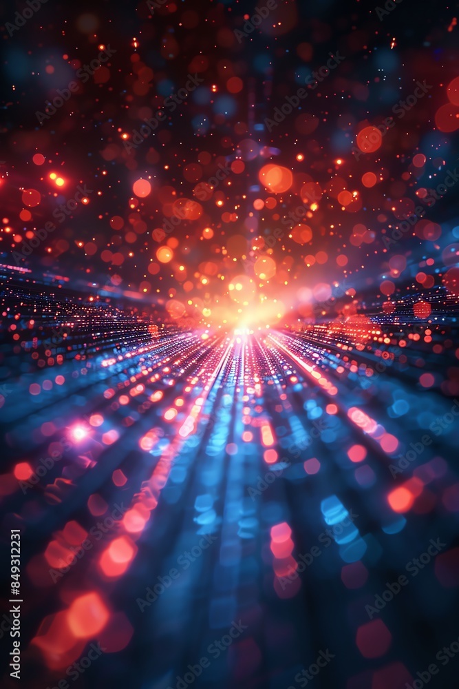 Obraz premium Data streams converging into a radiant point, glowing lights, dynamic cyber theme