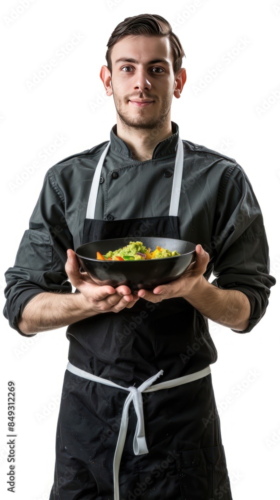 Full body shot of a male restaurant employee serving guacamole. Full body shot of a male restaurant employee serving guacamole.