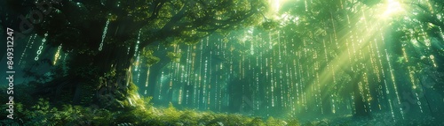 Fototapeta Digital forest with glowing binary code, lush greenery, and rays of light filtering through
