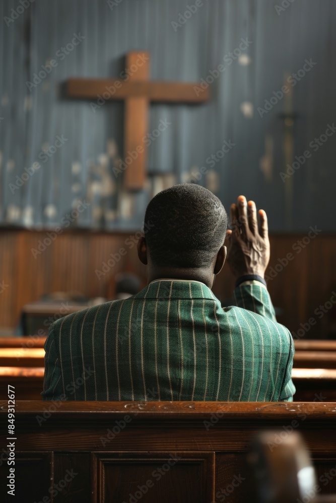 A man was sitting in a church pew, raising his arms and praying to God A man was sitting in a church pew, raising his arms and praying to God
