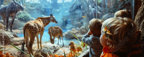 Family visiting a zoo, children excitedly watching animals, 4K hyperrealistic photo. photo