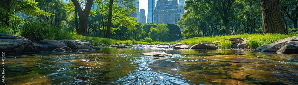 Serene city park with a flowing river, skyscrapers in the background
