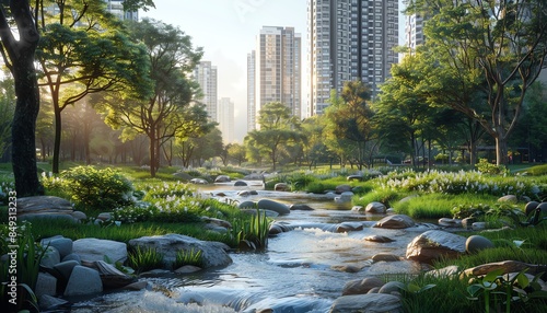 Urban park with a serene stream, surrounded by greenery, highrise buildings in the background
