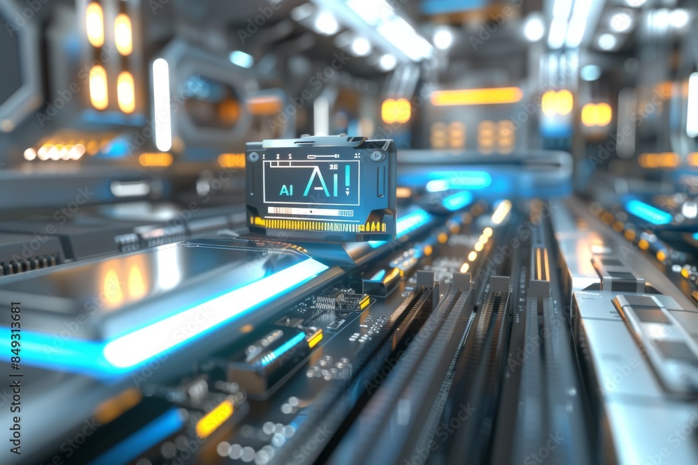 Naklejka premium AI Data Analysis in Modern Factory, Advanced Technology in Artificial Intelligence, High Tech Digital Innovations, Futuristic Design, Modern Industrial Elements, Detailed Setup.