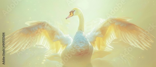 Virgo Maiden: Graceful Swan, Wings Outstretched on Pale Yellow Background, Symbolizing Service, Purity, and Methodical Grace