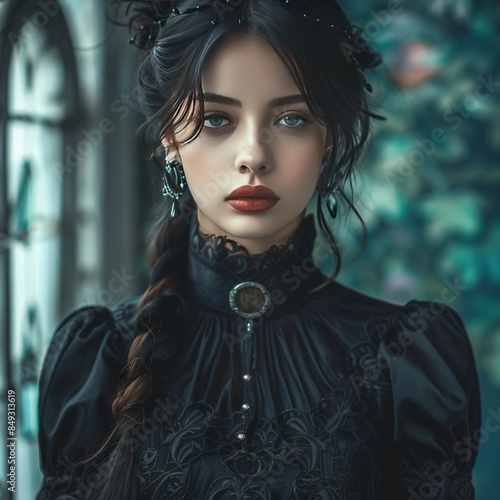 Gothic Victorian Romance Portrait, inspired by gothic romance and vintage aesthetics, hyperrealistic 4K photo.