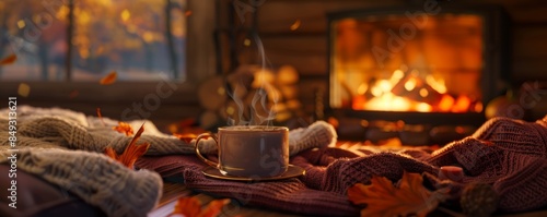 Cozy sweater weather by a crackling fireplace, hot cocoa and autumn coziness, 4K hyperrealistic photo.