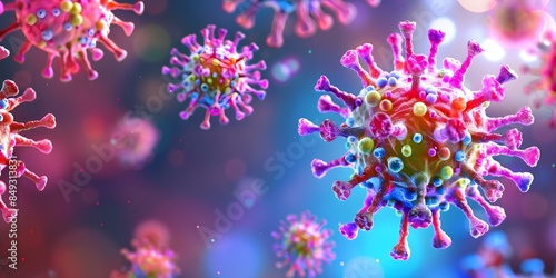 Closeup of vibrant multicolored viruses or bacteria under a microscope. Concept Microbiology, Microorganisms, Colorful Viruses, Close-up Photography, Scientific Research