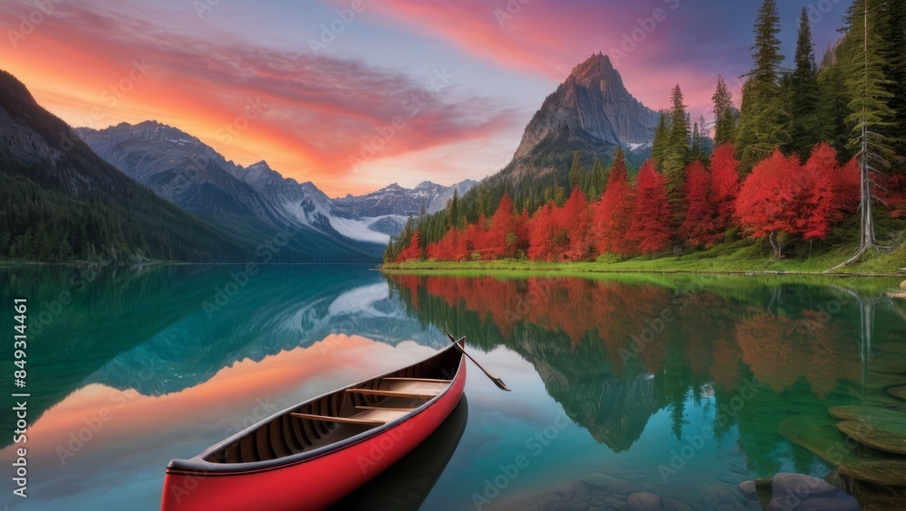 The canoe positioned at the heart of a pristine, rippling emerald lake The canoe positioned at the heart of a pristine, rippling emerald lake