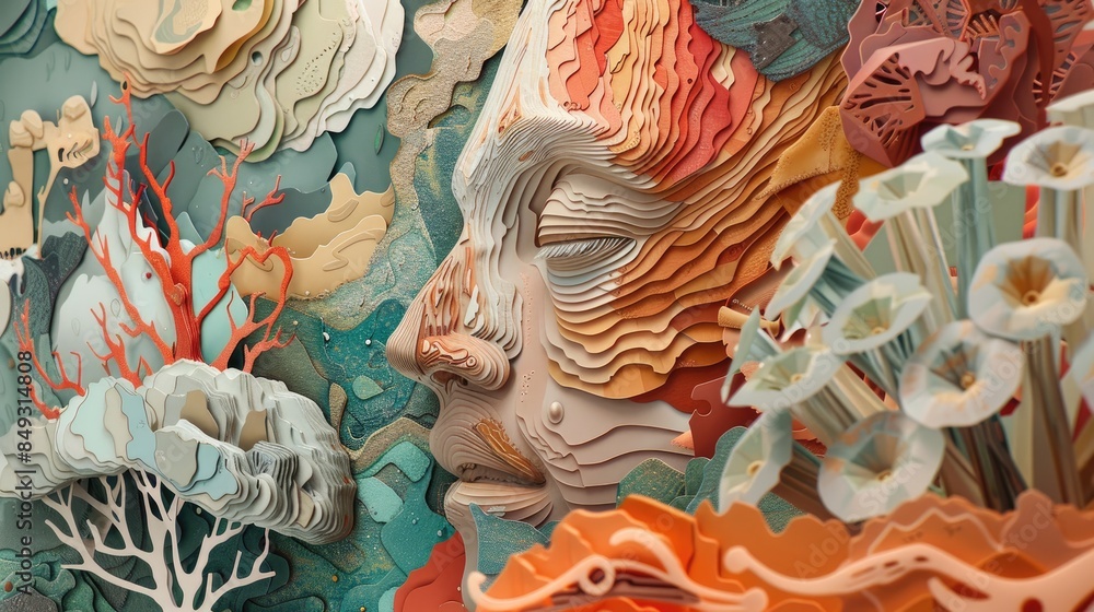 Detailed paper cutout illustration featuring a person immersed in a richly textured paper environment, showcasing creativity and depth