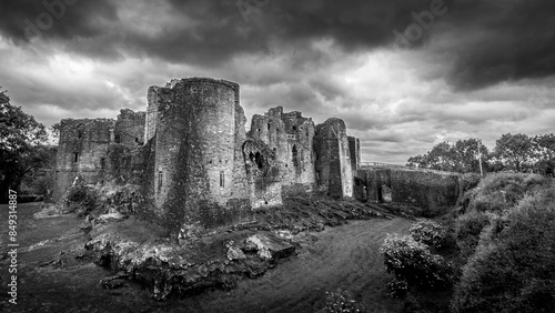 Black and White photo of Goodrich Castle with a dramatic skyline photo