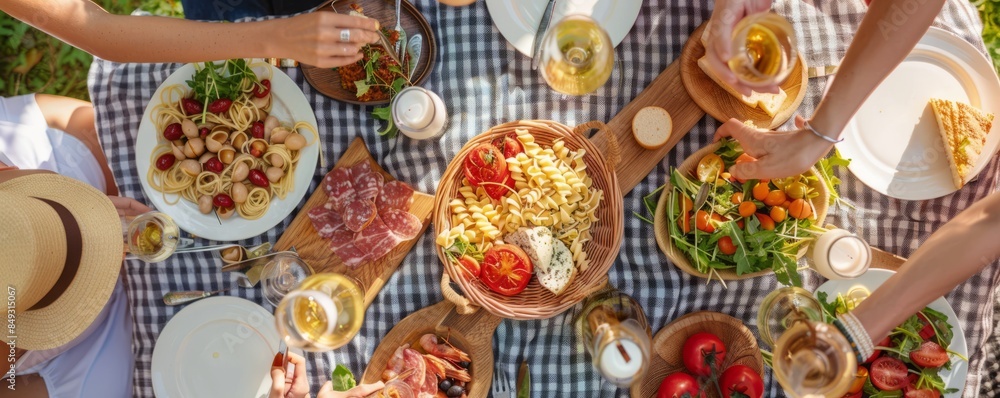 Fototapeta premium Friends enjoying a picnic for National Pasta Day, October 17th, homemade pasta dishes and good company, 4K hyperrealistic photo.