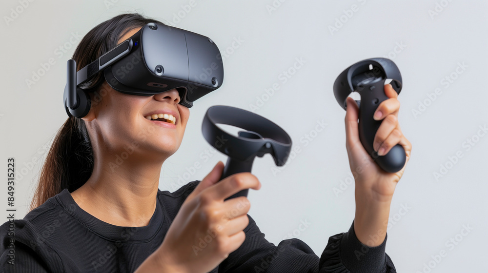 Young woman wearing VR headset 
