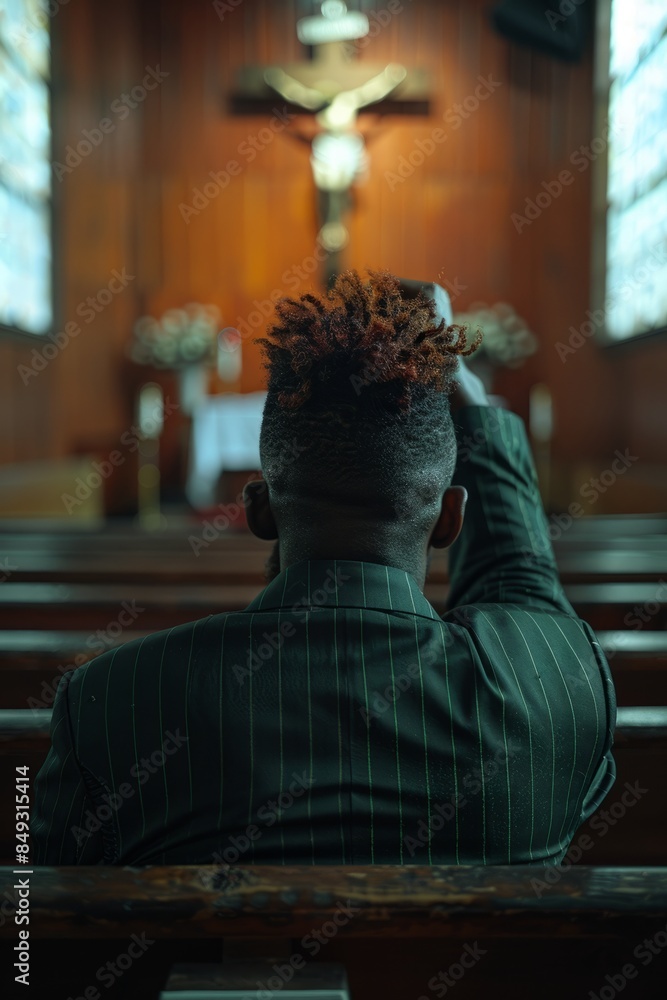Obraz premium A man was sitting in a church pew, raising his arms and praying to God
