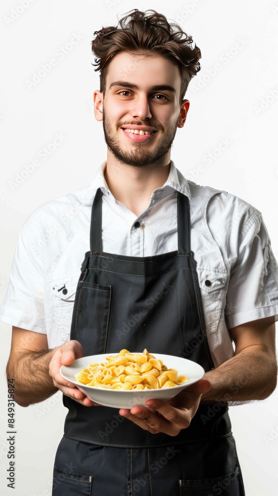 Full body photo of male restaurant employee serving pasta Full body photo of male restaurant employee serving pasta