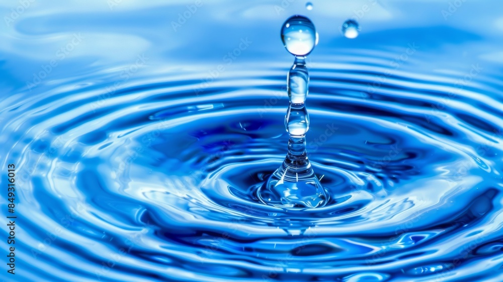 Pristine blue water droplet creating ripples in a tranquil pool Pristine blue water droplet creating ripples in a tranquil pool