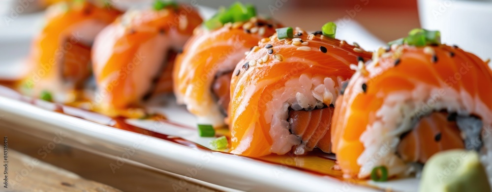 Sushi rolls with salmon, green onions and sauce on a white plate. Sushi rolls with salmon, green onions and sauce on a white plate.