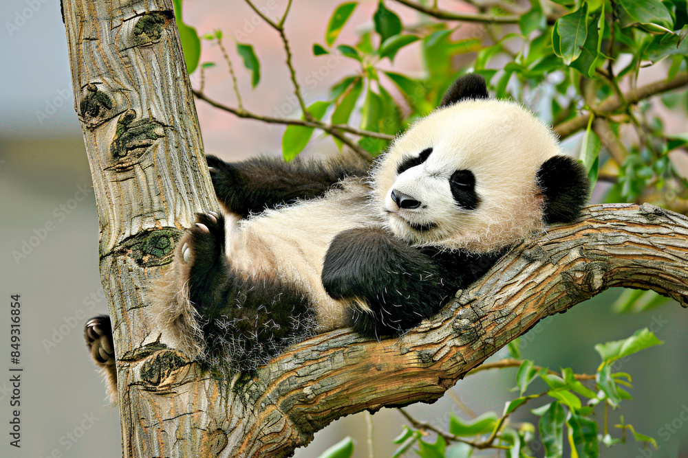 Fototapeta premium A baby panda cub sleeping on a tree branch.