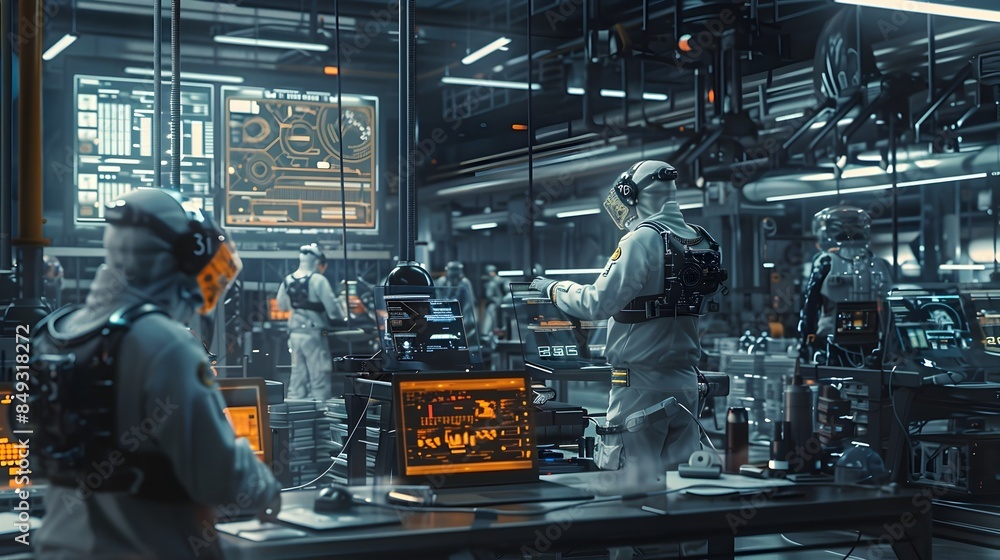 Naklejka premium Diligent Workforce Overseeing Cutting Edge Automation in Futuristic Smart Factory