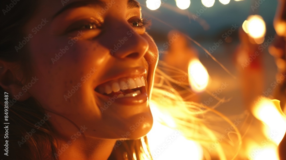 A woman with a big smile on her face stands in front of a string of ...