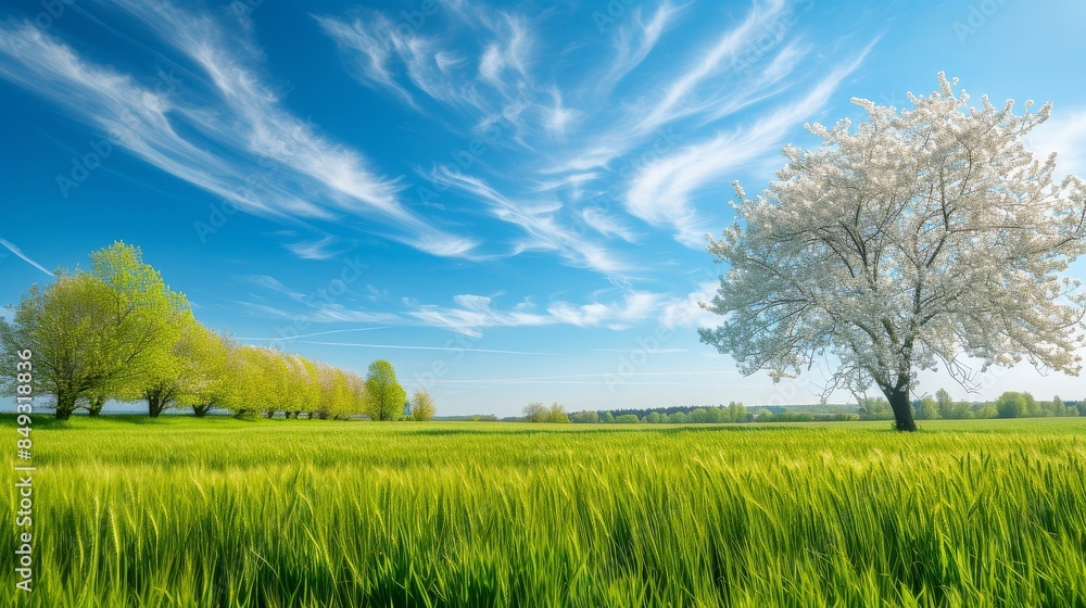 Spring landscape with blooming trees and lush green wheat field under a bright blue sky Spring landscape with blooming trees and lush green wheat field under a bright blue sky