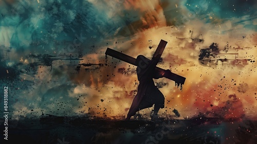 watercolor abstract illustration of Jesus Christ carrying the crucifixion cross on Calvary hill photo